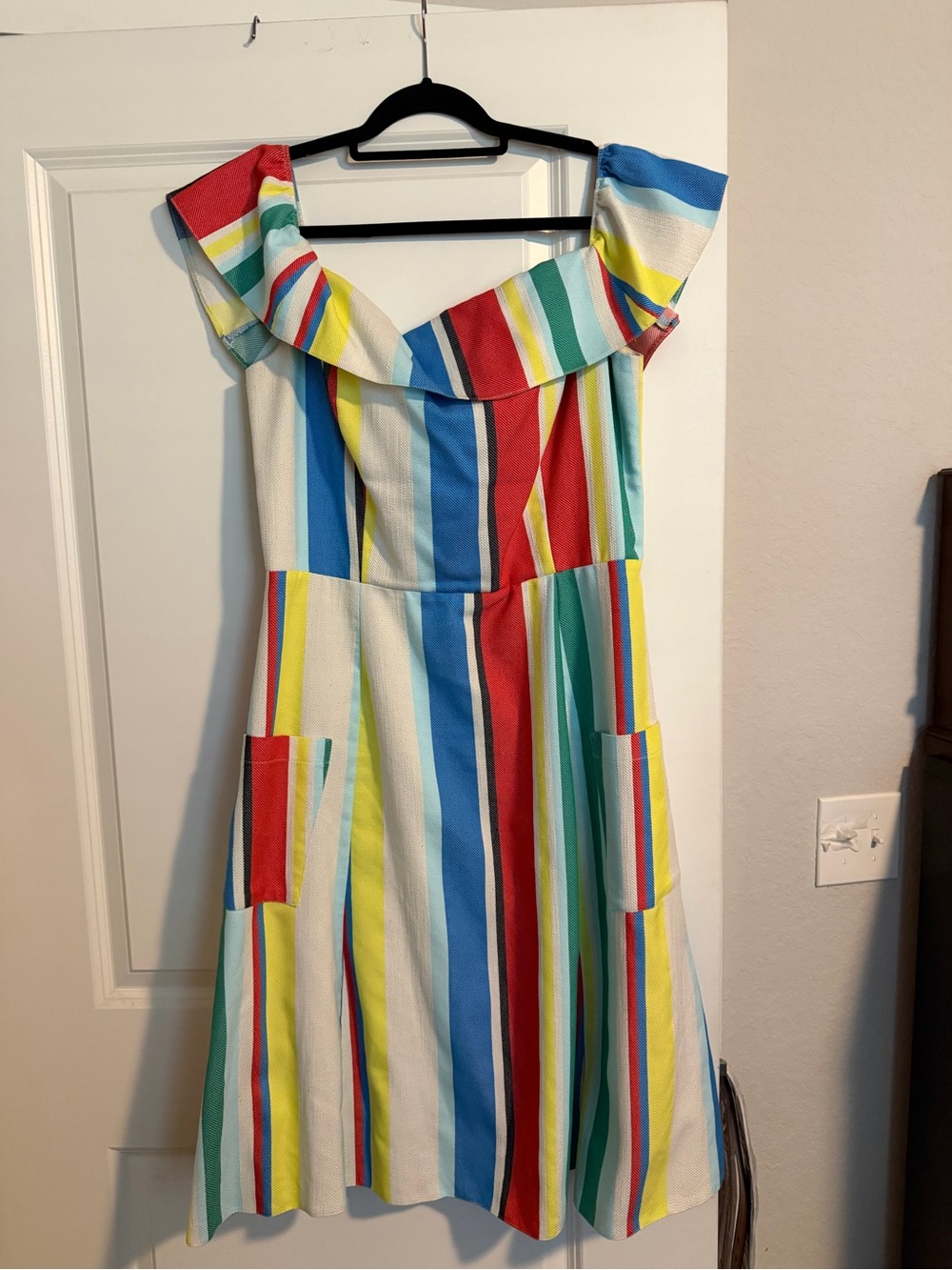 ASOS Girls Rainbow Stripe Off-Shoulder Dress